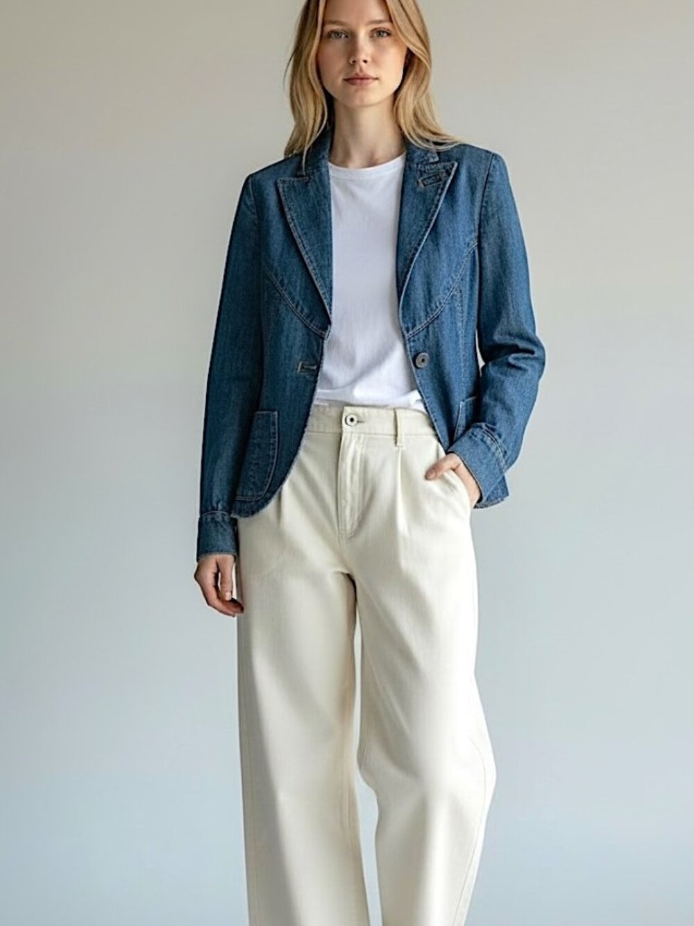 Vintage 90s MARC JACOBS Denim Blazer Jacket Seamed Topstitched Medium Blue